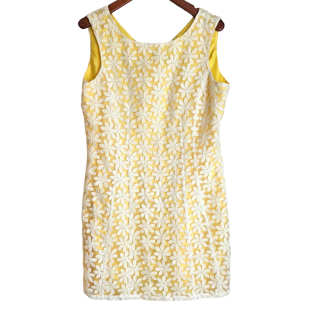 Daniel Cremieux Embroidered Yellow & White Daisy Flower Mod Sheath Dress